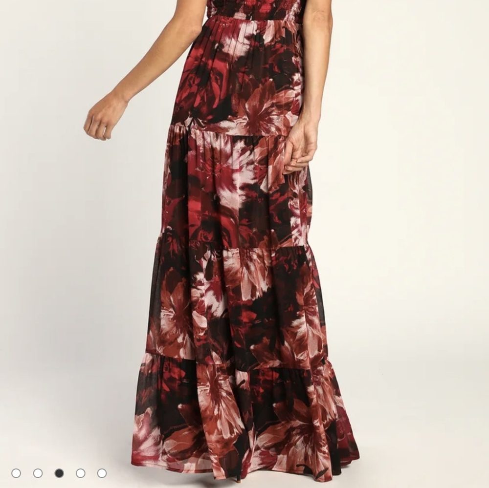 Burgundy Floral Print Tiered Maxi Dress size M (new)